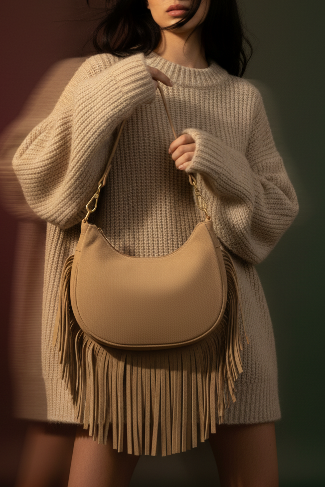 Mood Cocktail – Mini bag (Beige) in camoscio con frange