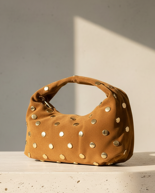 Mood Virgo – Borsa a Spalla in Suede (Cammello) con Borchie dorate