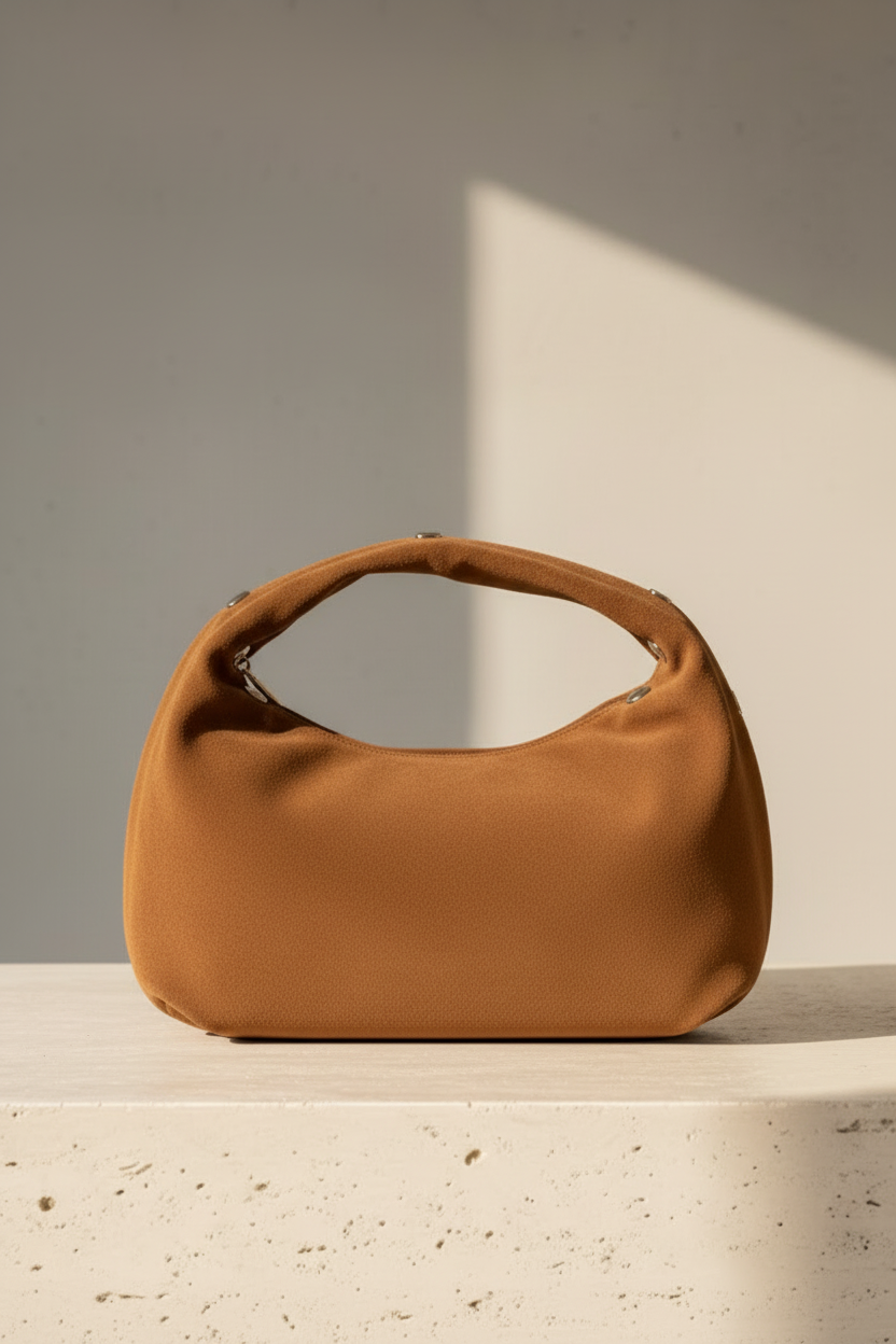 Mood Virgo – Borsa a Spalla in Suede (Cammello) con Borchie dorate
