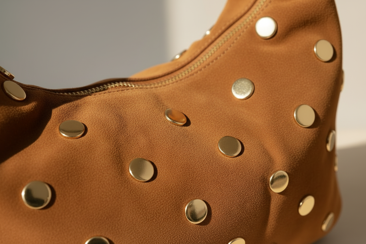 Mood Virgo – Borsa a Spalla in Suede (Cammello) con Borchie dorate