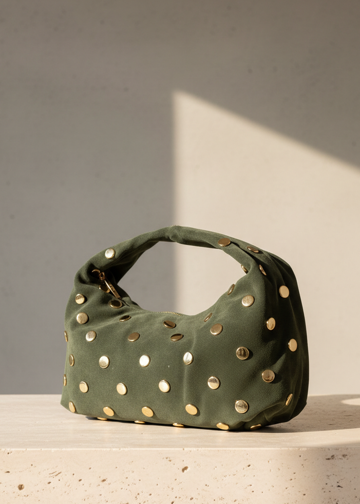 Mood Virgo – Borsa a Spalla in Suede (Salvia) con Borchie dorate