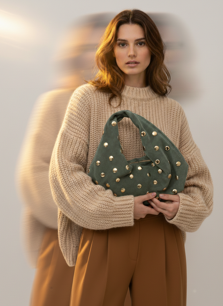 Mood Virgo – Borsa a Spalla in Suede (Salvia) con Borchie dorate