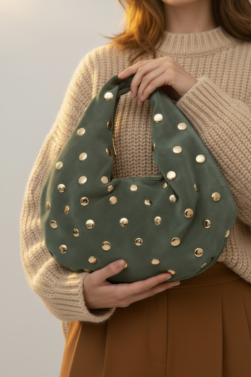 Mood Virgo – Borsa a Spalla in Suede (Salvia) con Borchie dorate