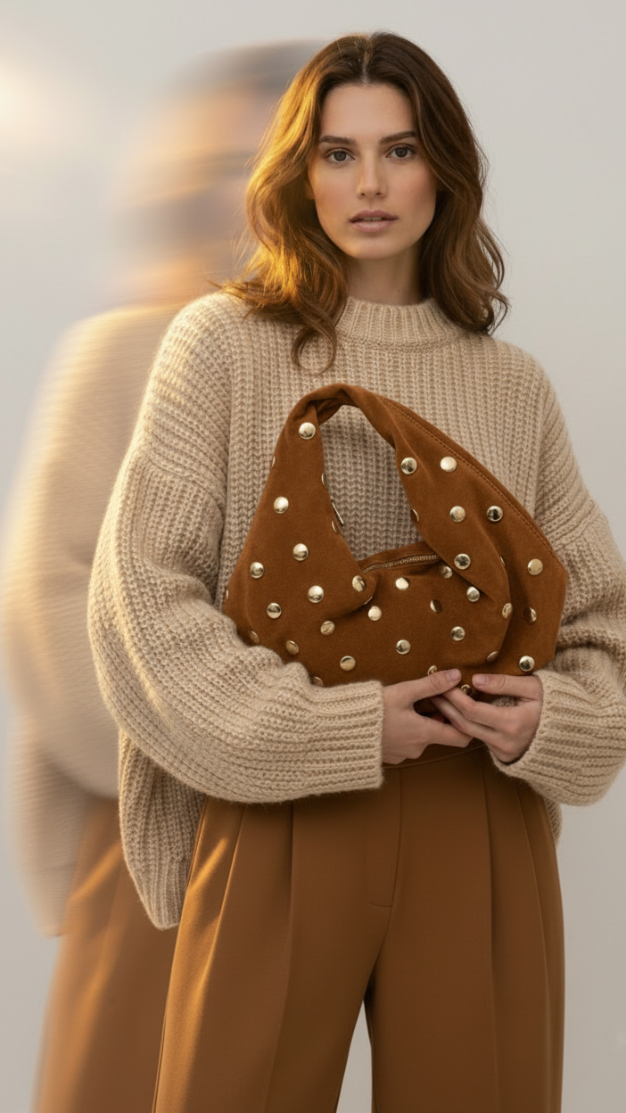 Mood Virgo – Borsa a Spalla in Suede (Cammello) con Borchie dorate