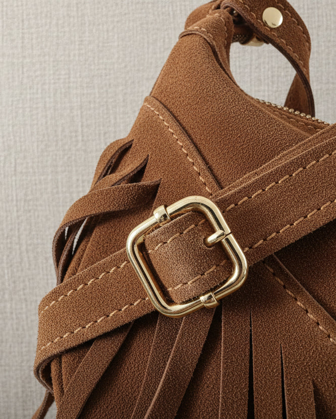 Mood Spain – Borsa a Mezzaluna con Frangia in Vera Pelle Scamosciata (Testa di Moro) Made in Italy