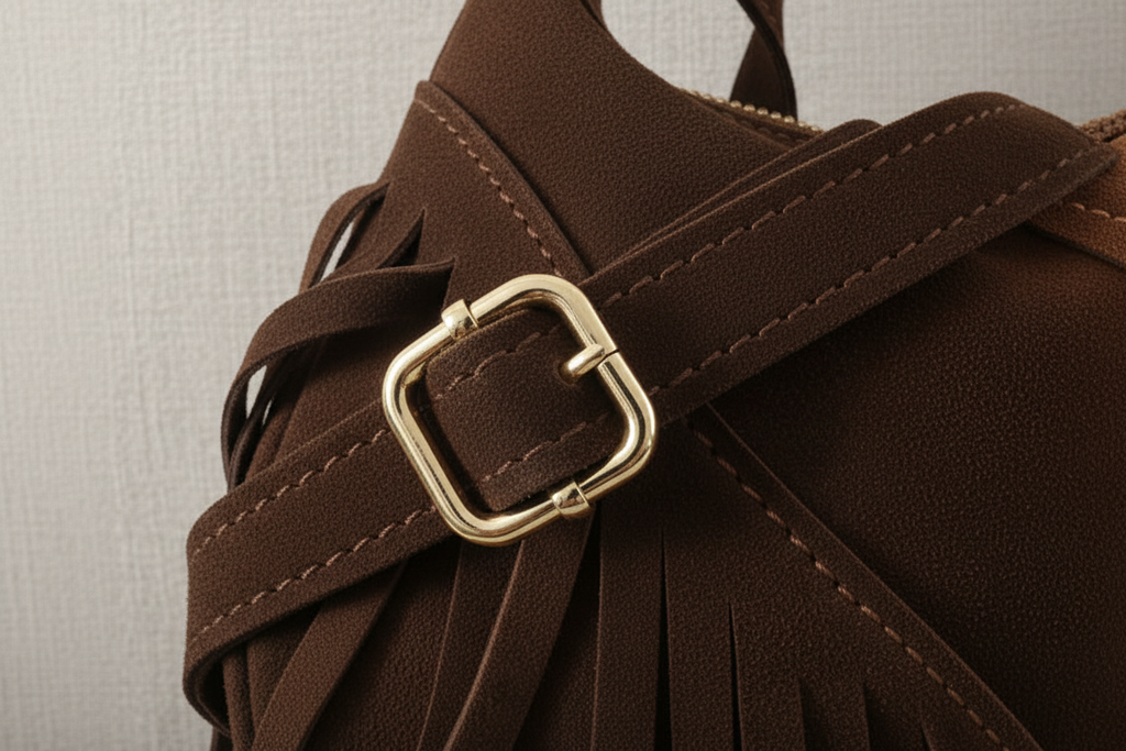 Mood Spain – Borsa a Mezzaluna con Frangia in Vera Pelle Scamosciata (Testa di Moro) Made in Italy (Copia)