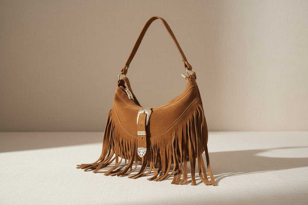 Mood Spain – Borsa a Mezzaluna con Frangia in Vera Pelle Scamosciata Made in Italy