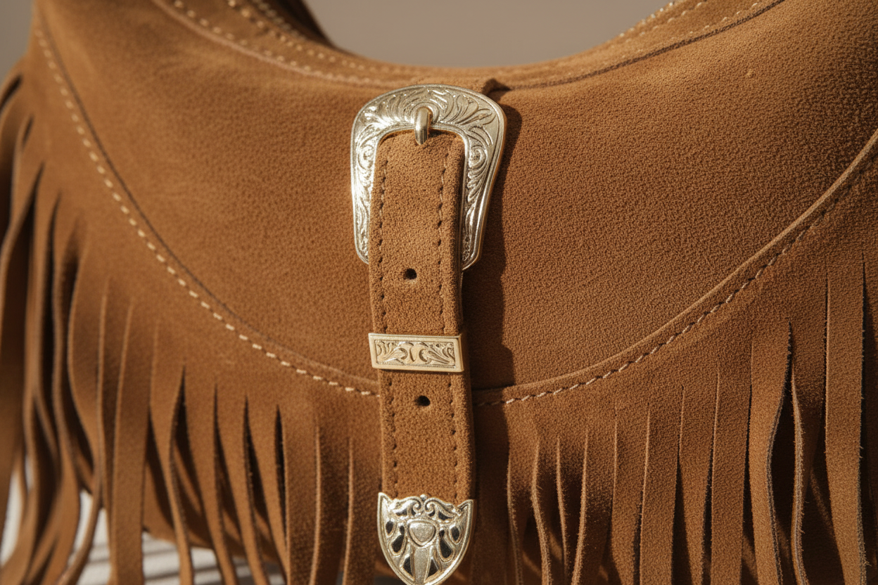 Mood Spain – Borsa a Mezzaluna con Frangia in Vera Pelle Scamosciata (Testa di Moro) Made in Italy