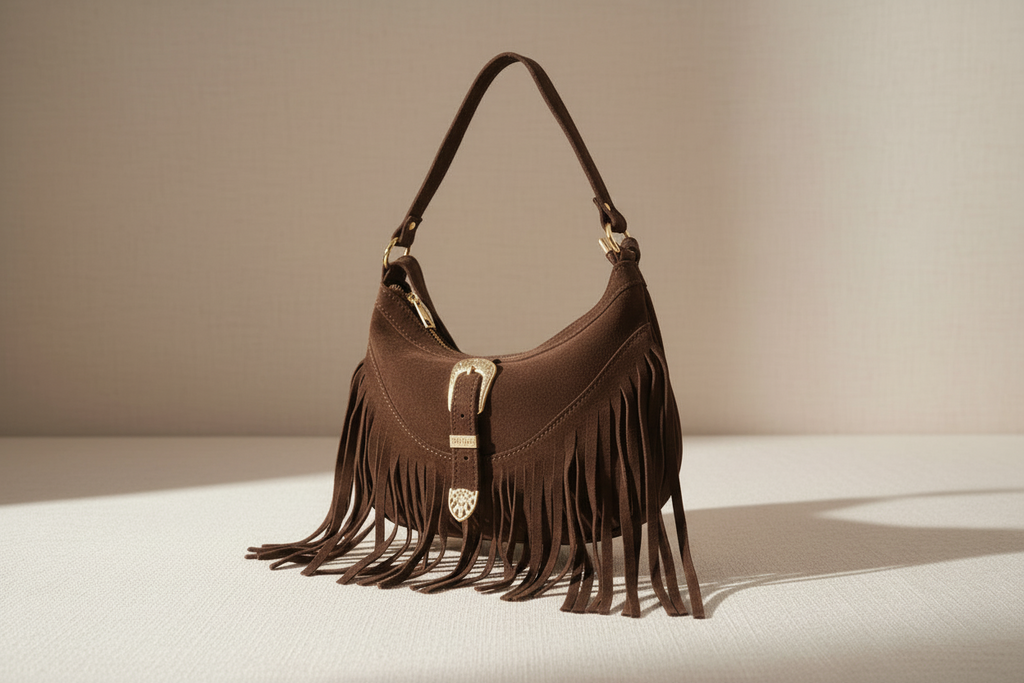 Mood Spain – Borsa a Mezzaluna con Frangia in Vera Pelle Scamosciata (Testa di Moro) Made in Italy