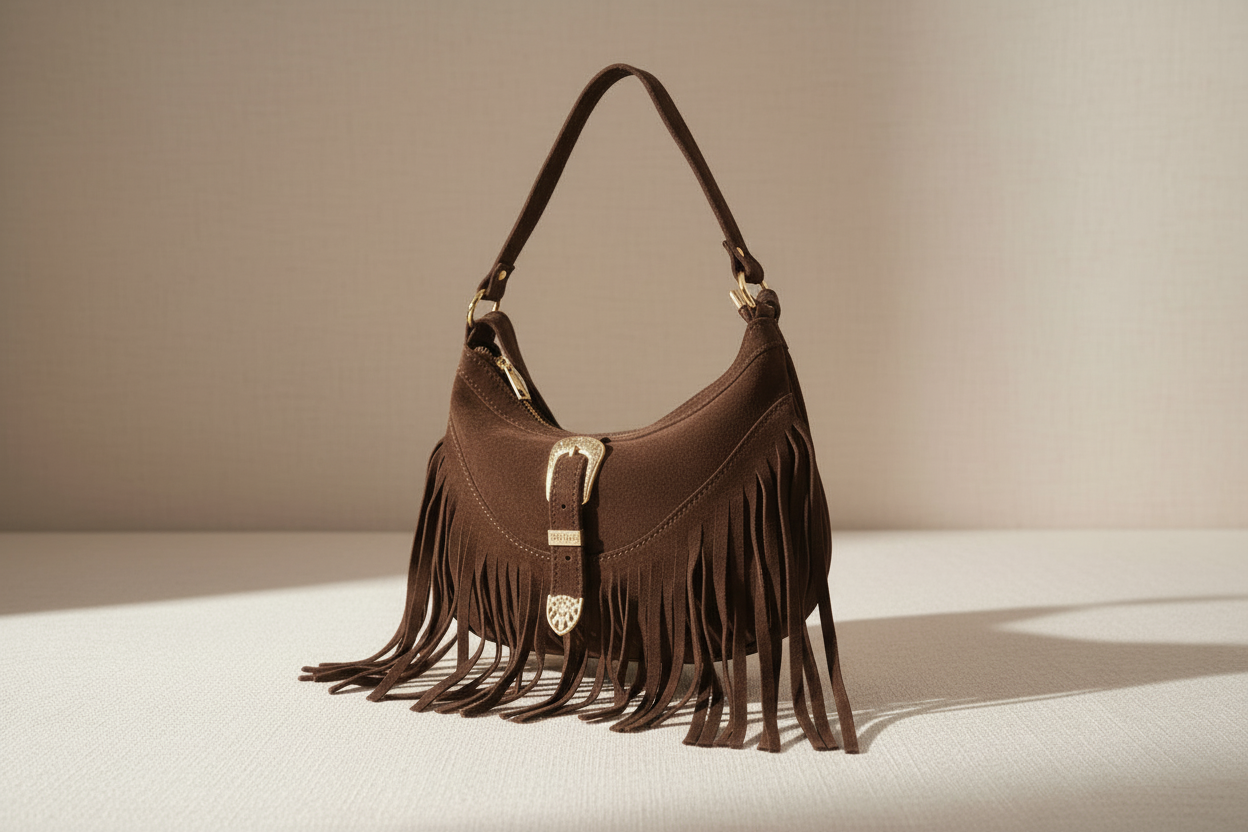 Mood Spain – Borsa a Mezzaluna con Frangia in Vera Pelle Scamosciata (Testa di Moro) Made in Italy