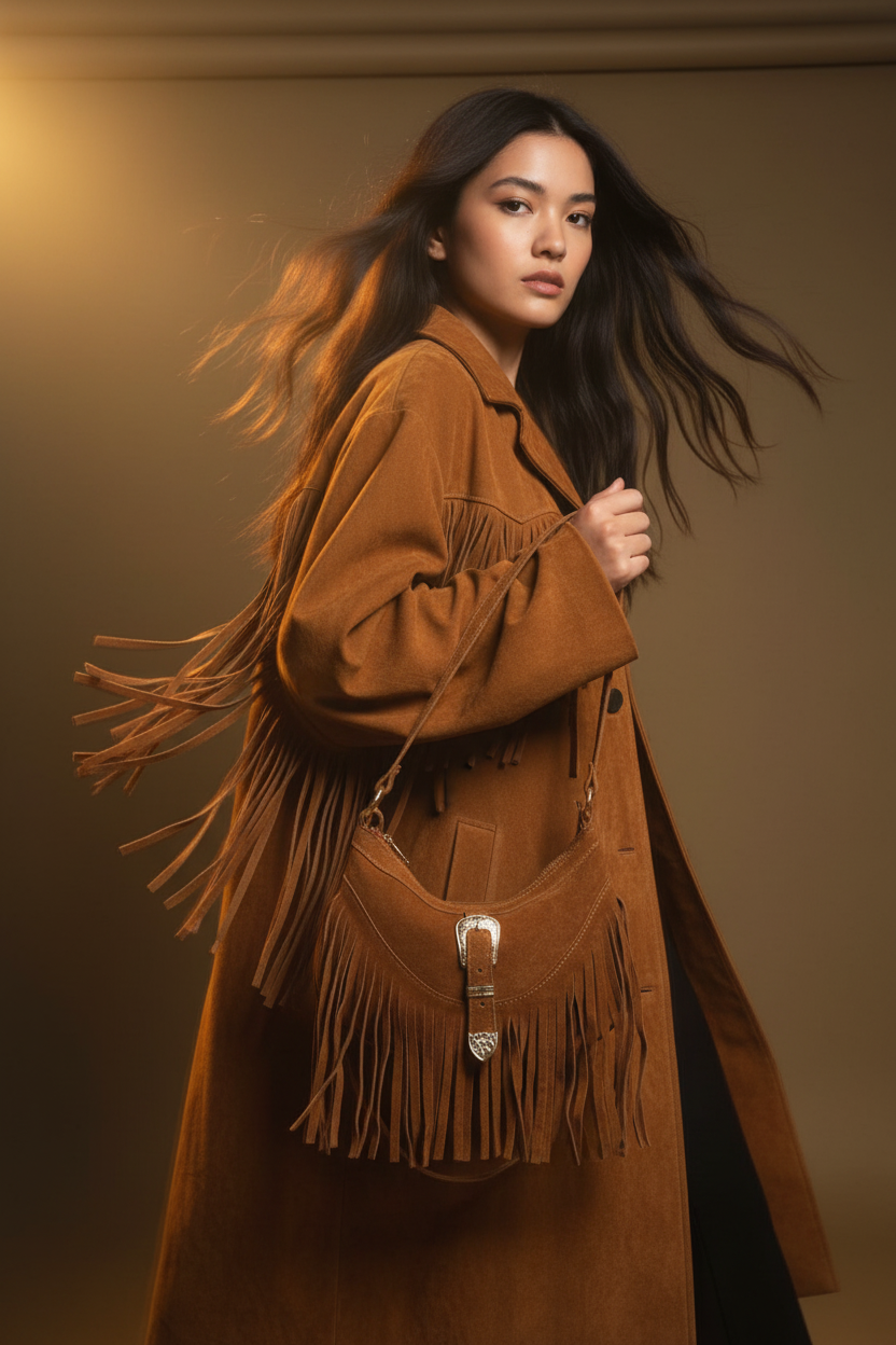 Mood Spain – Borsa a Mezzaluna con Frangia in Vera Pelle Scamosciata (Testa di Moro) Made in Italy (Copia)