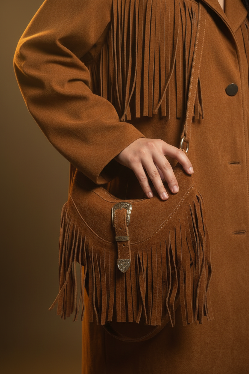 Mood Spain – Borsa a Mezzaluna con Frangia in Vera Pelle Scamosciata (Testa di Moro) Made in Italy (Copia)