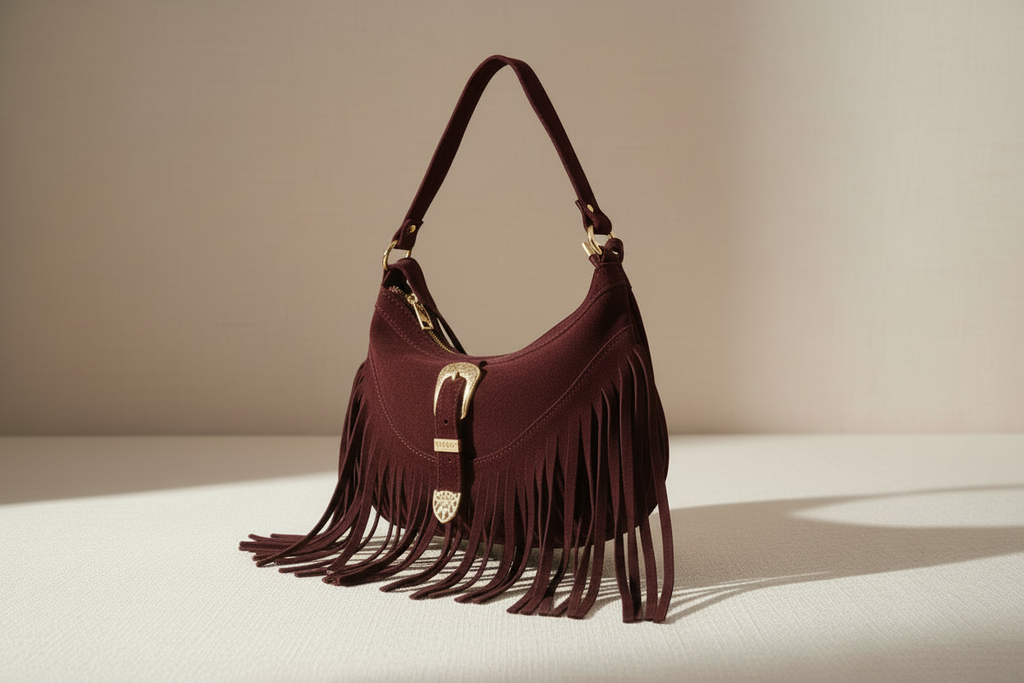 Mood Spain – Borsa a Mezzaluna con Frangia in Vera Pelle Scamosciata (Testa di Moro) Made in Italy (Copia)