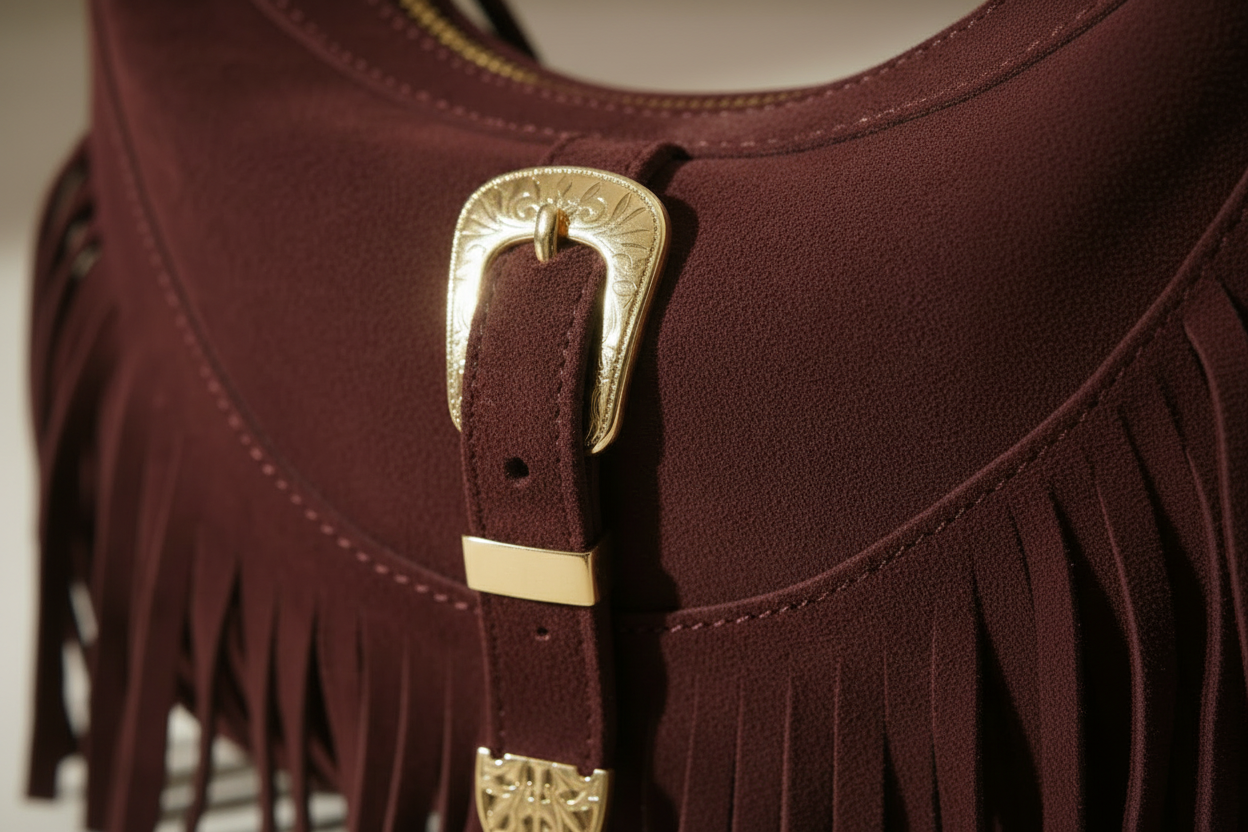 Mood Spain – Borsa a Mezzaluna con Frangia in Vera Pelle Scamosciata (Testa di Moro) Made in Italy (Copia)