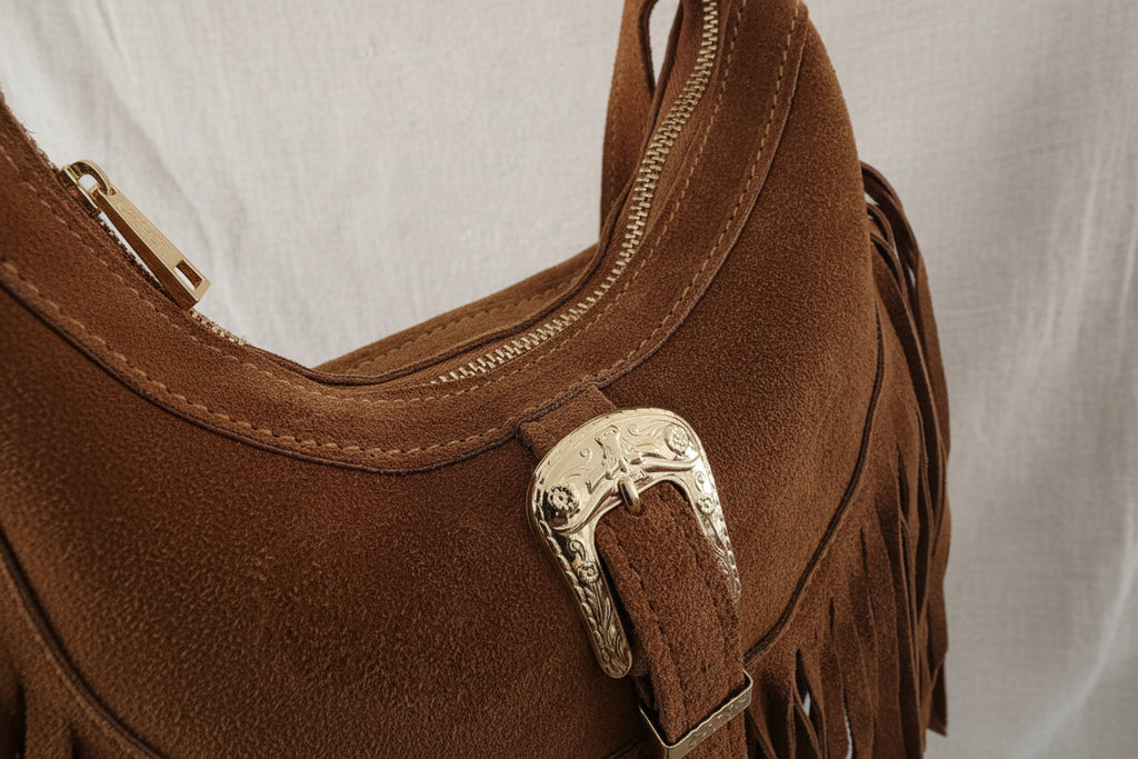 Mood Spain – Borsa a Mezzaluna con Frangia in Vera Pelle Scamosciata Made in Italy