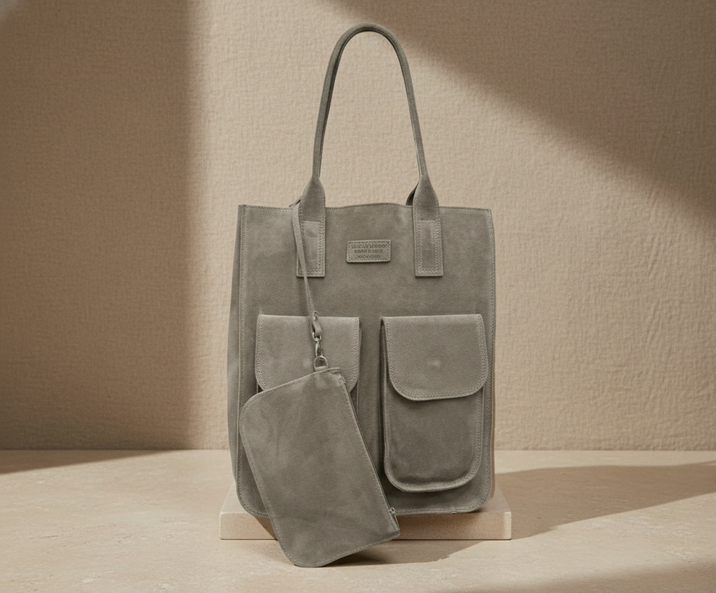 Porta Romana Bag –  Ampia Shopper (Grigia) in pelle scamosciata Made in Italy